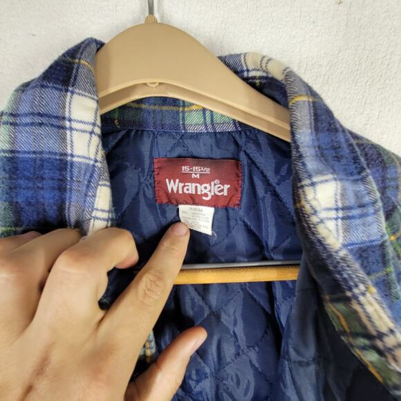 Vintage Wrangler Shacket Mens Medium Green Blue Plaid Flannel Pockets Insulated - Picture 15 of 16